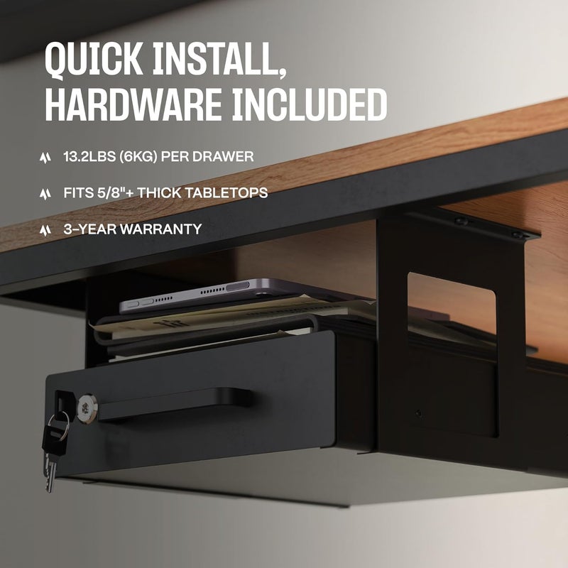 COREMINDED Under Desk Drawer Slide-Out – Lockable Metal Storage Drawer with Cable Management for Office & Home (Single, Bracketed) - Image 5